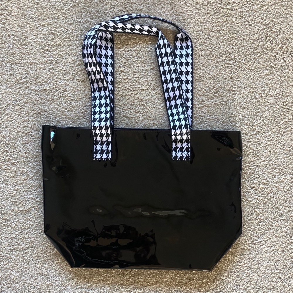 Nordstrom Beauty Week Black Patent Tote Bag Houndstooth Handles NWT